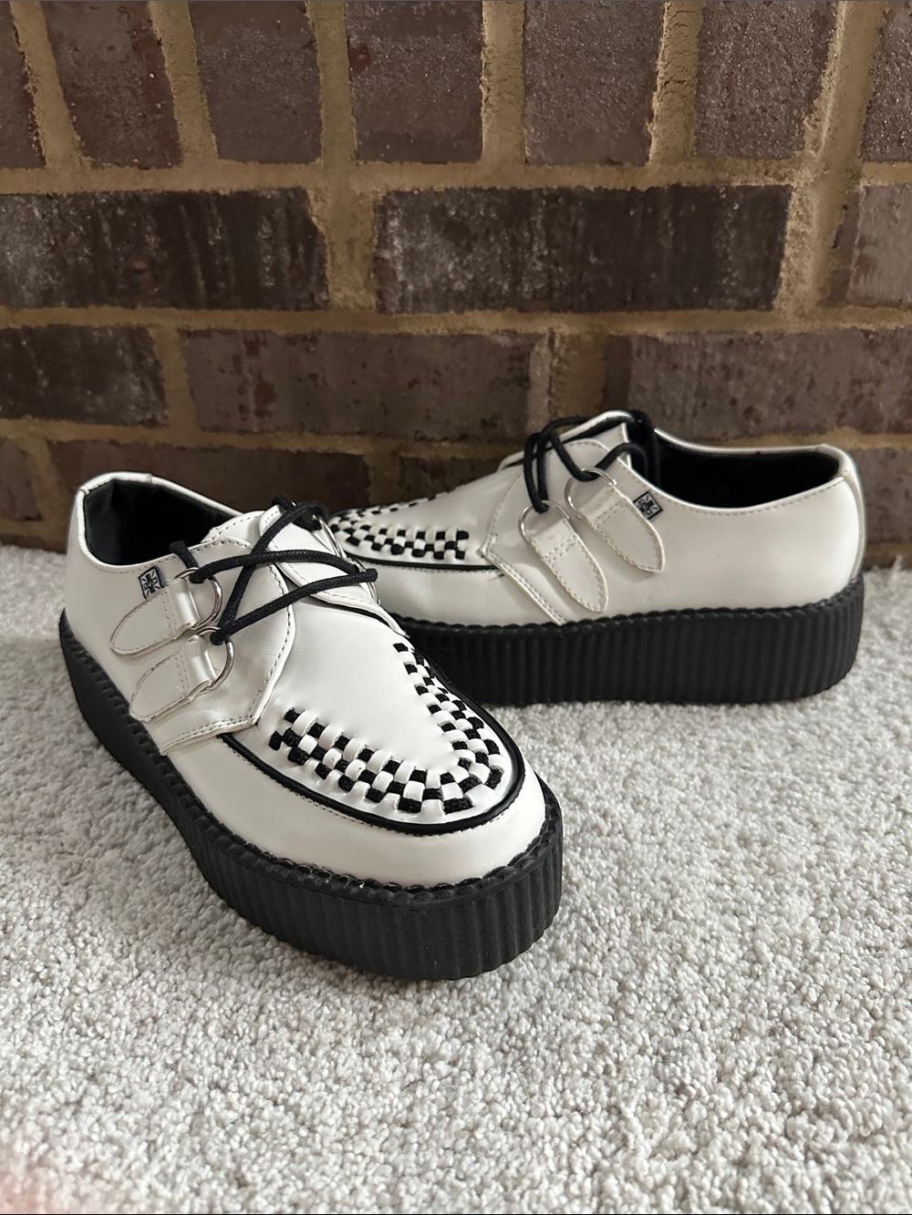 T.U.K White and Black Leather Viva Mondo Creeper Platforms